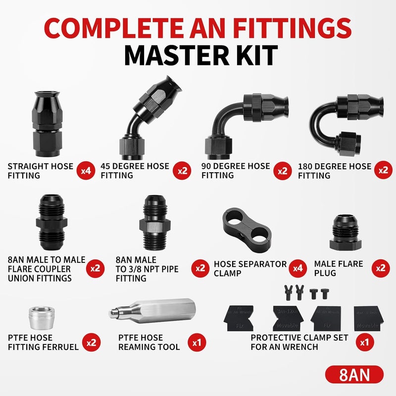 BRIFITOR 8AN PTFE Hose End Fittings Kit 0/45/90/180 Degree PTFE Fittings with Flare Anti-Leak AN8 Male Adapters,AN Wrench Protectors & Hose Assembly Tool For E85 Fuel Line,Black - Image 2